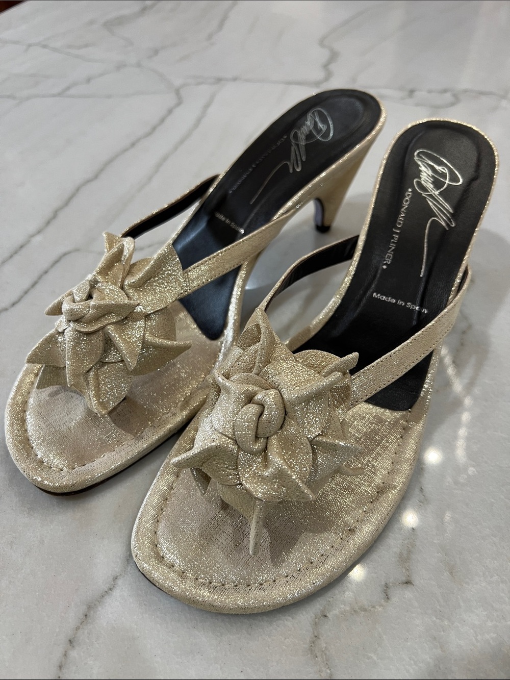 Donald J Pliner Gold Distressed Leather Flower Sandals